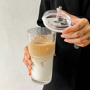 Elegant Striped Glass <b>Tumbler</b> With Lid And <b>Straw</b> Large Capacity For Cold Drinks Coffee Juice Water Party Use - Product Image 4