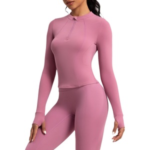 Vêtements <span class=keywords><strong>de</strong></span> yoga femmes demi fermeture éclair Slim Fit <span class=keywords><strong>sport</strong></span> à manches longues T-shirt Gym compresse course Fitness porter haut - Product Image 6