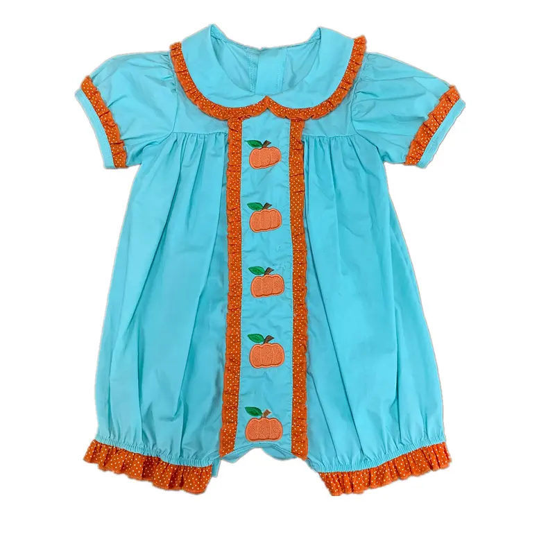 girl fall pumpkin embroidery clothes little girl boutique smock outfit toddler polka dots ruffle bubble rompers