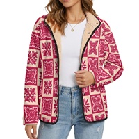 Jaket Fleece Wanita Anti Angin dengan Lapisan Sherpa, Kancing Tekan, Lengan Panjang, Bermotif, Pakaian Luar Musim Dingin