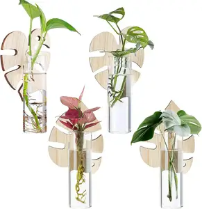 Plant Wall Mount Propagation Stations, Wooden Leaf Hanging Terrarium Stand for Indoor Flower Houseplants