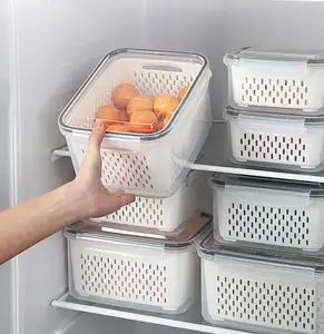 Gran oferta, nevera doméstica, caja de mantenimiento fresco, cesta de drenaje con tapa, cesta de frutas y verduras para lavar, caja de almacenamiento de plástico