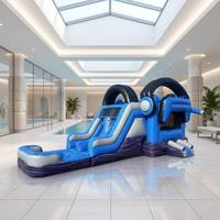 Toboggan aquatique gonflable commercial à double piste avec piscine à jets d'eau, PVC bleu-gris, combo multifonctionnel pour location de fêtes d'enfants