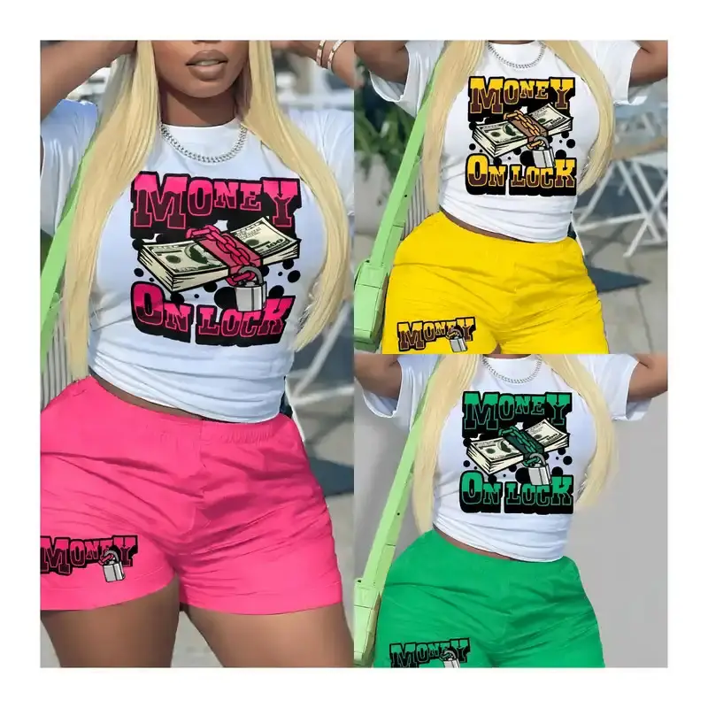 Survêtement été à manches courtes T-shirt Shorts femmes deux pièces ensembles courts imprimer meilleur Design haute rue décontracté 100% Polyester