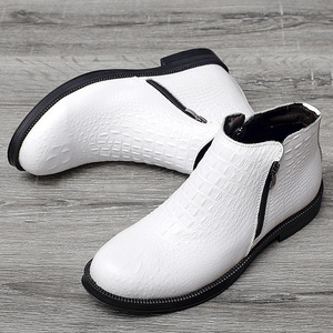 Men Round Toe Ankle <b>Booties</b> Bright White Embossed Surface Outer Zipper Access Durable Slim Black Sole Casual Ankle Boots - Product Image 1