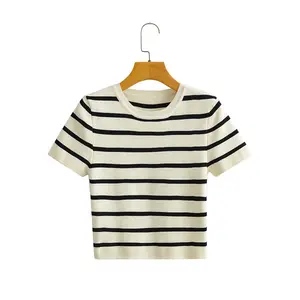 Mùa Hè Chất Lượng Tốt 100% Cotton Mềm Mại Phụ Nữ T Áo Sơ Mi Crop Top Ngắn Tay Áo Vòng Cổ Sọc Tee Áo Sơ Mi Cho Phụ Nữ