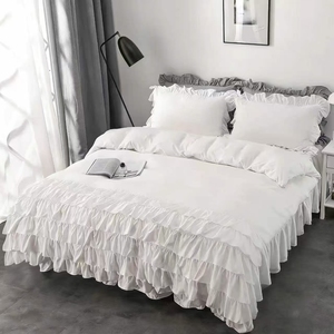 Ensemble de literie 4 pièces en microfibre douce et moelleuse, style vintage-élégant, avec jupe de <span class=keywords><strong>lit</strong></span> ornée à volants, <span class=keywords><strong>couvre</strong></span>-<span class=keywords><strong>lit</strong></span> et housse de couette, Tailles Queen et King - Product Image 3