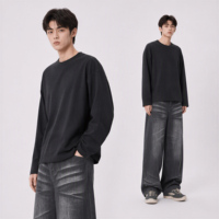 Haut à manches longues personnalisé pour homme, col rond, coupe oversize, noir, pour le streetwear, vente en gros, 100% coton uni, fabrication OEM ODM