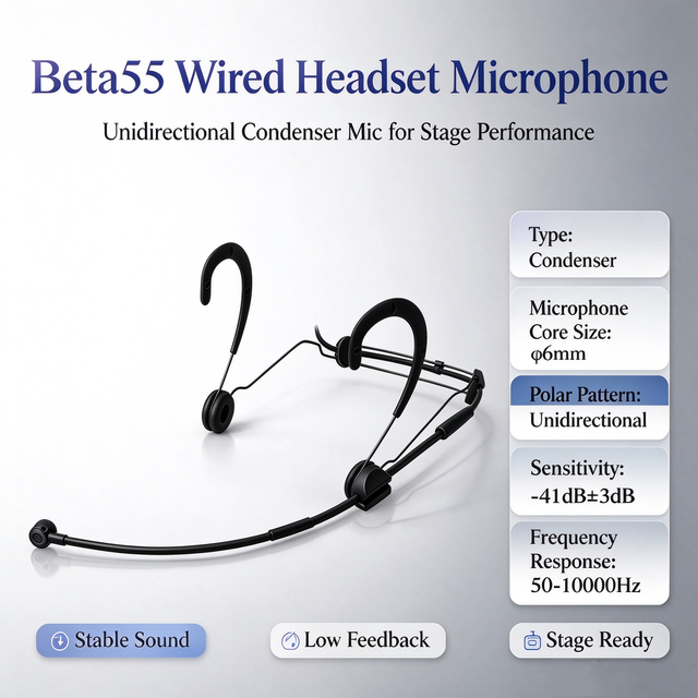 Beta55 Wired Cardioid Condenser Headset Microphone XLR Metal Unidirectional Mic for Stage Performance Theater