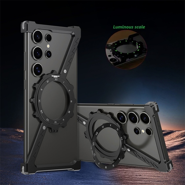 Magnetic Metal Z Shape Gear Stand Rimless Luminous Bumper Case for Samsung Galaxy S26 S25 S24 S23S22 Ultra Removable Screw Cover