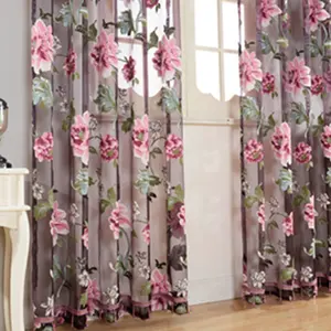 Cortinas de rosa floral para sala de estar com estampa europeia bordada de flores borboletas preço de fábrica