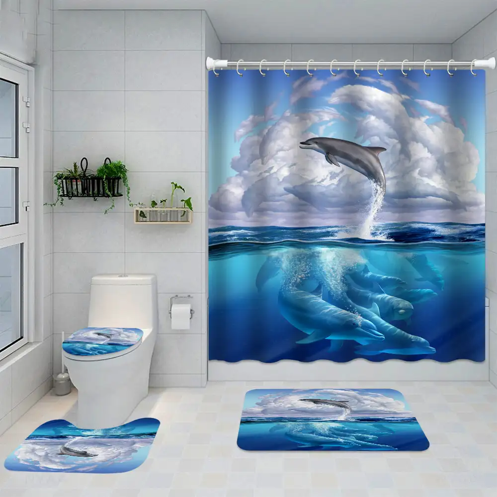 新しいイルカデザイン防水シャワーカーテンバスルーム装飾シャワーカーテンバスマット付き4ピースセット