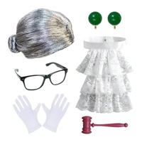 Ensemble d'accessoires de costume d'avocat et de juge, comprenant une perruque, un marteau, un col en dentelle et d'autres accessoires, parfait pour les jeux de rôle d'Halloween