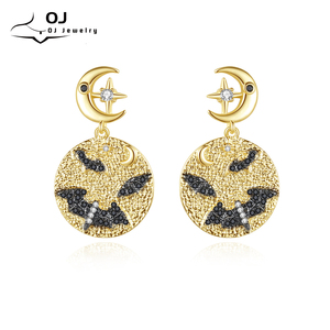 Pendientes de Araña OJ de Latón Chapado en Oro de 14K con Circonitas, Diseño Artesanal de Luna y Estrellas con Patrón de Golpes, para la Moda Femenina de Última Tendencia - Product Image 1