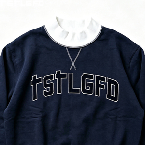 Cut And Sew Contrast Mock Neck Sweatshirt Men <b>Navy</b> White Dtg Print Boxy Pullover Wholesale Bulk - Product Image 5