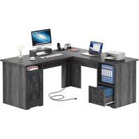 Bureau de bureau à domicile en forme de L avec prises de courant Support pour ordinateur et moniteur Tiroir à fichiers et étagères de rangement Meubles de bureau d'angle