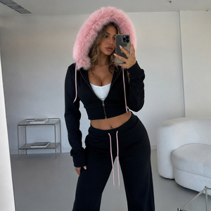 Color Block Fur Trim <b>Hooded</b> <b>Zip</b> Up Sweatshirt Jacket, Casual Cropped Hoodie Jacket, Y2K Streetwear Fashion Outerwear - Product Image 2