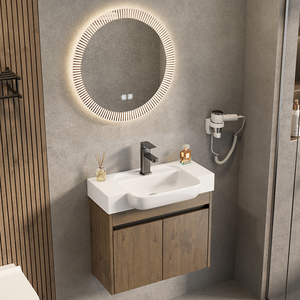 <span class=keywords><strong>Mobile</strong></span> <span class=keywords><strong>Bagno</strong></span> Moderno Sospeso in Alluminio a Nido d'Ape con Finitura Noce, Specchio LED Intelligente e Lavabo in Ceramica - Set Unità Hotel - Product Image 3