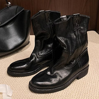 Femmes automne et hiver bout rond bottes de mollet souple en cuir talon épais rétro Western Denim bottes courtes