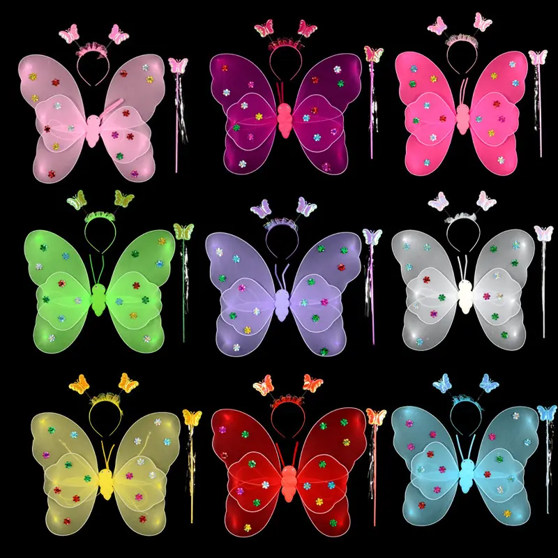 Sparkle Prinses Fee Driedelige Set Glitter Wings Dress Up Led Vlindervleugels Kostuum Voor Kinderen