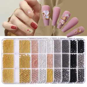 Groothandel 6 Grid Gemengde Metalen Ronde Kraal Nagel Bedels In Bulk Kleine Stalen Ballen 3d Nail Art Decoraties Kaviaar Kraal