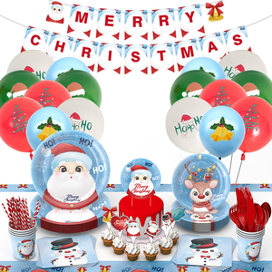 Ensemble <span class=keywords><strong>de</strong></span> vaisselle <span class=keywords><strong>de</strong></span> fête <span class=keywords><strong>de</strong></span> Noël <span class=keywords><strong>en</strong></span> <span class=keywords><strong>papier</strong></span> moderne comprenant assiette, bannière, fourchettes, gobelets, cuillères, serviettes et nappe. - Product Image 1