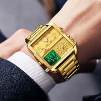 Montre de luxe pour homme avec logo personnalisé, cadran carré, double affichage analogique-numérique, boîtier en alliage, bracelet en acier inoxydable, chronographe