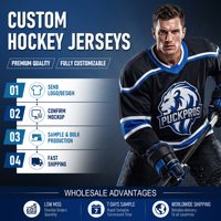 Maillot de hockey personnalisé sublimé, vente en gros, impression par sublimation, logo et nom d'équipe en twill, faible MOQ 2 pièces