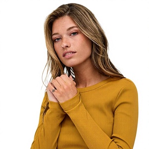 Camiseta Corta de Punto para Mujer, Color Mostaza, Manga Larga, Cuello Redondo, Corte Ajustado, Informal, Mezcla de Algodón y Elastano, Transpirable, para Todas las Temporadas - Product Image 5