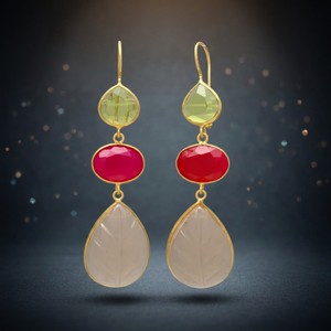 Boucles d'oreilles pendantes en laiton faites à la main avec pierres précieuses, plaquées or, style ethnique, mode mariage, unisexe, pour femmes - Product Image 2