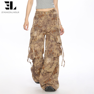 LARSUR Custom Factory Twill <span class=keywords><strong>Camo</strong></span> Slangenhuid Geprint Cargo <span class=keywords><strong>Camo</strong></span> Broek Rechte Baggy Cargo Camouflage Broek Dames - Product Image 3