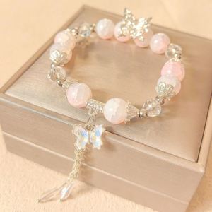 Korean Pink Crystal <b>Flowers</b> Butterfly Pendant Beaded Bracelet for Women <b>Sweet</b> Beads Chain Bracelets Girlfriend Jewelry Gifts - Product Image 2