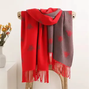 Wholesale 2024 Ladies Thick Winter Double Sided Scarves Shawl Wrap with Tassels Soft Pashmina Cashmere Bumble Bee Scarf