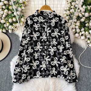 Hot Drill Broderie Revers Chemise à manches longues <span class=keywords><strong>Femme</strong></span> Automne <span class=keywords><strong>Veste</strong></span> ample Blouse - Product Image 4