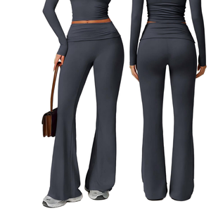 Ensemble 2 pièces pour femme, style mode, couleur unie, taille haute, décolleté en V profond, sexy, haut de yoga à manches longues et pantalon évasé, séchage rapide, respirant - Product Image 1