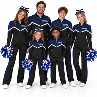 Ensemble d'entraînement de cheerleading anti-choc personnalisé bleu marine et noir, veste à fermeture éclair intégrale et pantalon évasé, imprimé inaltérable pour entraînement d'équipe