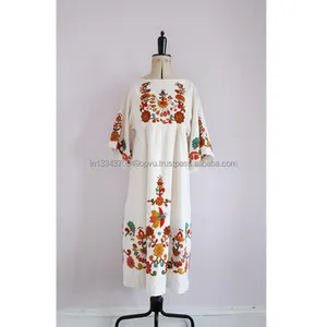 놀라운 가을 색 구성표 빈티지 1970 멕시코 조류 꽃 손으로 수 놓은 레이디 맥시 드레스 다시 지퍼 Boho 여성 히피 드레스