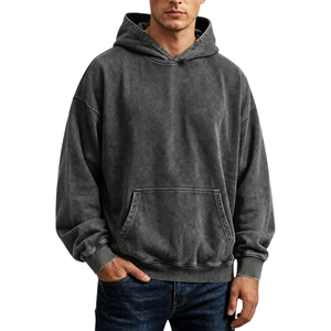 High Quality Heavyweight <b>Black</b> Men's <b>Zip</b>-<b>Up</b> <b>Hoodie</b> Acid Wash Embroidered 100% Cotton Oversized Fit Fashion Sweatshirt TKAN9107 - Product Image 3