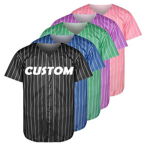 T-shirt de baseball surdimensionné pour homme, style streetwear, en jersey sportif de polyester de haute qualité, <span class=keywords><strong>à</strong></span> col en V brodé et manches courtes rayées - Product Image 1