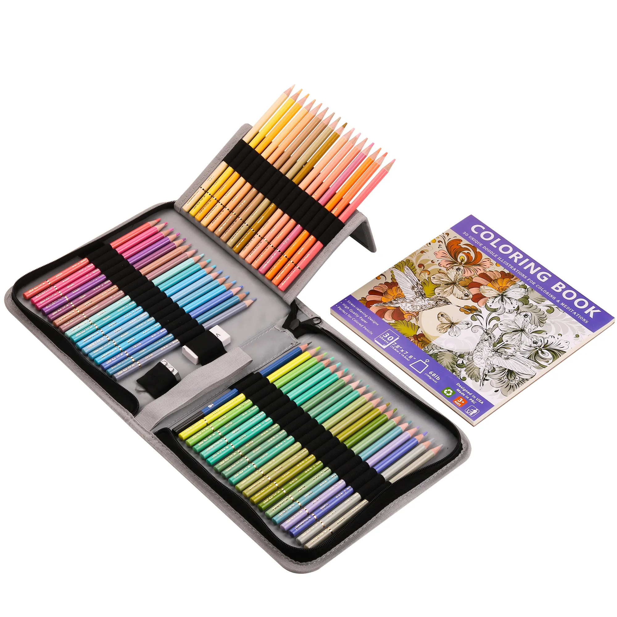 KALOUR ชุดดินสอสีมาการอง50ชิ้นแบบมืออาชีพ,ชุดดินสอสีมีซิปสำหรับวาดรูปอาร์ตสีสันสดใสและแกนหลักจำนวน55ชิ้น