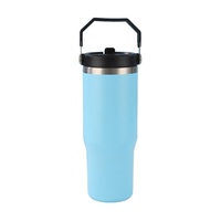Bouteille d'eau isotherme en acier inoxydable noir mat de 30 oz avec poignée et paille rabattable, vierge pour sublimation
