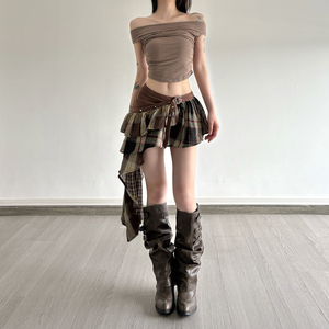 Mini-jupe à nouer en patchwork à carreaux pour femmes, taille haute, asymétrique, à couches, style rétro européen - Product Image 3