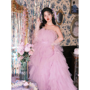 Strapless Purple Tulle Ball Gown Wedding Dress Empire Waistline For Outdoor Portrait Photography - Product Image 2