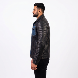 Hunt Gear Men's Casual <b>Denim</b> Jackets & <b>Coats</b> with Leather Sleeves Button Fly Stonewashed Regular Fit Solid Pattern Autumn - Product Image 3