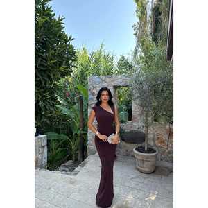 Vestido de Noche Largo Marrón de Una Manga, Formal y Elegante, con Decoración de Perlas, Talla XS, Patrón 3D - Product Image 1