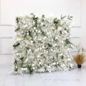 GNWカスタムサイズ3Dロールアップ人工ホワイトフェザーパンパスローズフラワー壁背景パネル結婚式の装飾