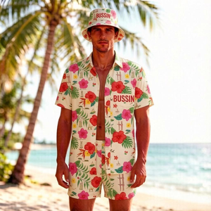 Conjunto de 3 Piezas Personalizado al por Mayor: Camisa Aloha, Pantalones Cortos y Sombrero de Pescador con Estampado Tropical para Vacaciones en la Playa, Estilo Caribeño Guayabera - Product Image 5