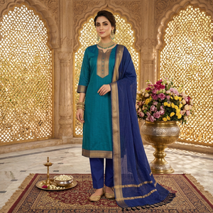 Ensemble Salwar Kameez pour femmes indiennes et pakistanaises, Kurta brodée, Palazzo, Dupatta, tenue de fête et de mariage, coton Kanchi, séchage rapide - Product Image 1