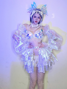 Costume de fête musical Gogo féerique pour femme, personnalisé, en polyester respirant, avec paillettes à effet miroir et franges, idéal pour les bars et boîtes de nuit - Product Image 1