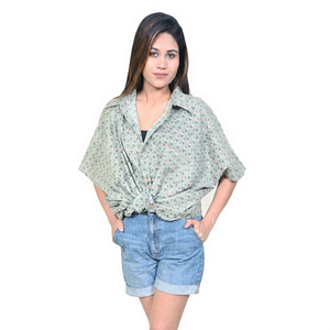 Blusa Holgada con Estampado Floral para Mujer, Cuello Camisero, Manga Corta, 100% Algodón Tejido, Camisa para Primavera, Otoño y Verano - Product Image 1